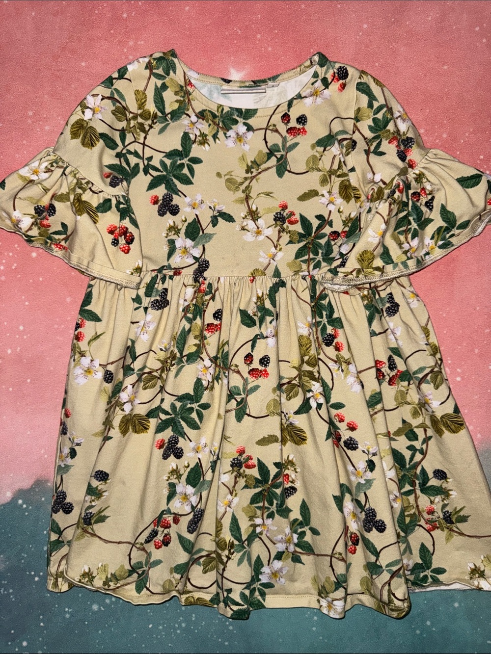 Molo Cream Floral & Berry Ruffle-Sleeve Dress girls 3 4 98 104 organic